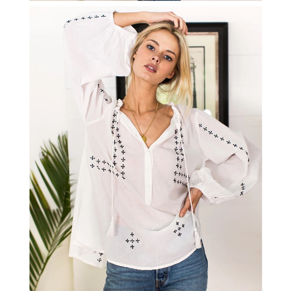 Emerson Fry White Peasant Blouse with Black Embroidery